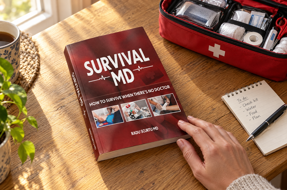 Survival MD on kitchen table with first aid case