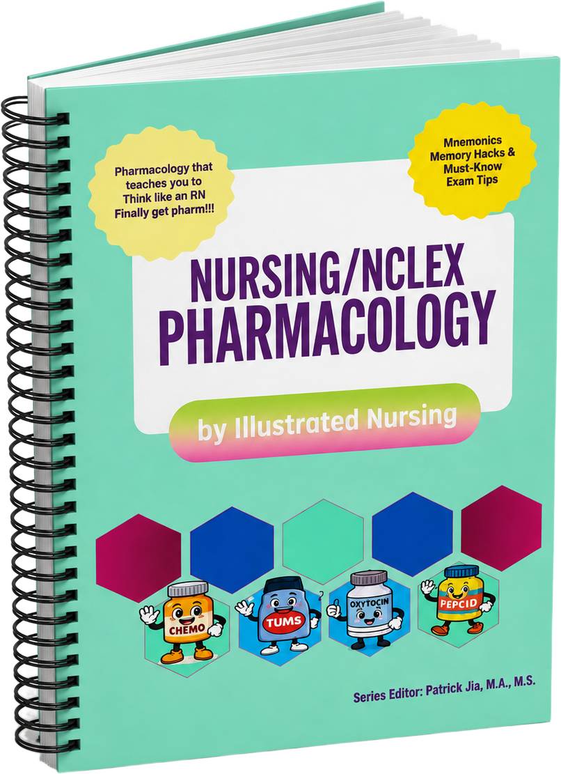 NCLEX Pharmacology Book cover, floating book mockup, background removed
